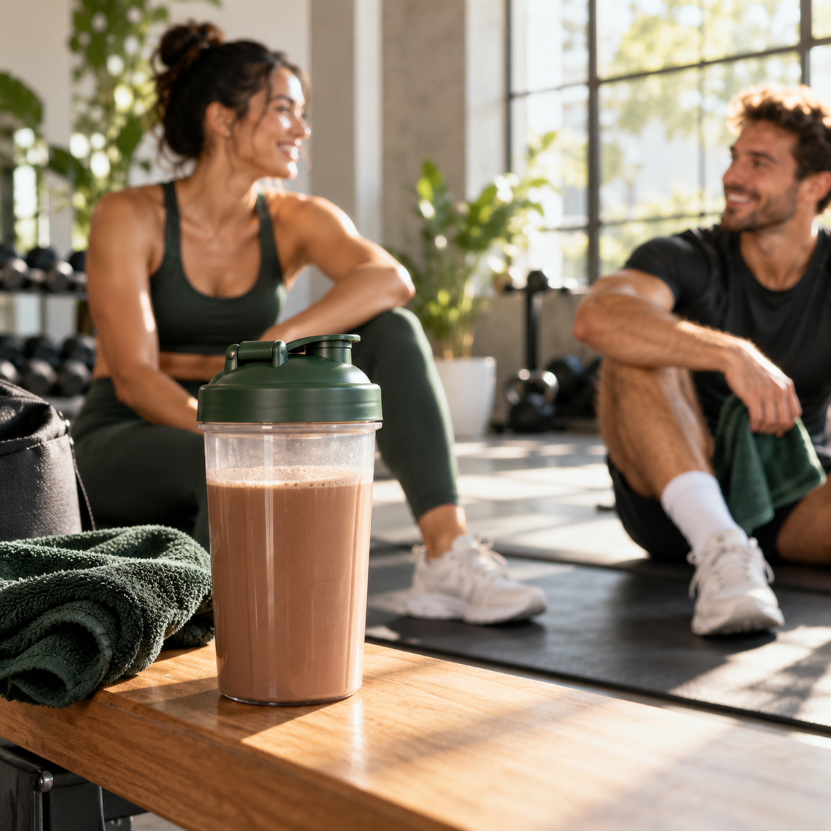 Plantnova Rich Chocolate vegan protein drink in a shaker after a fitness class