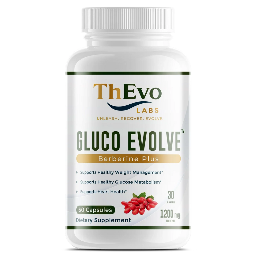 Frasco de Gluco Evolve Berberine Plus de ThEvo LABS con 1,200 mg de berberina HCl por porcion