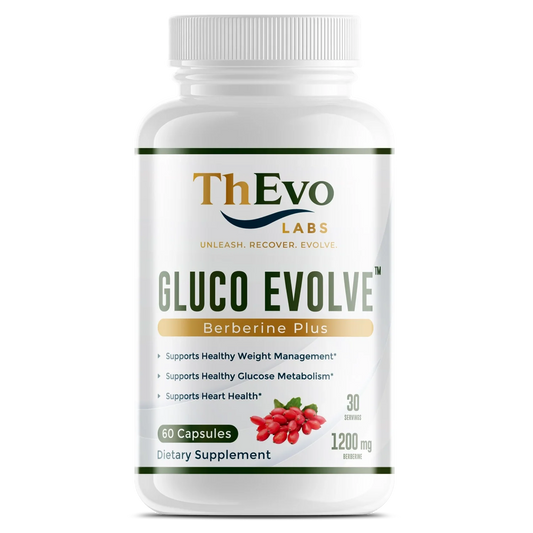 Frasco de Gluco Evolve Berberine Plus de ThEvo LABS con 1,200 mg de berberina HCl por porcion
