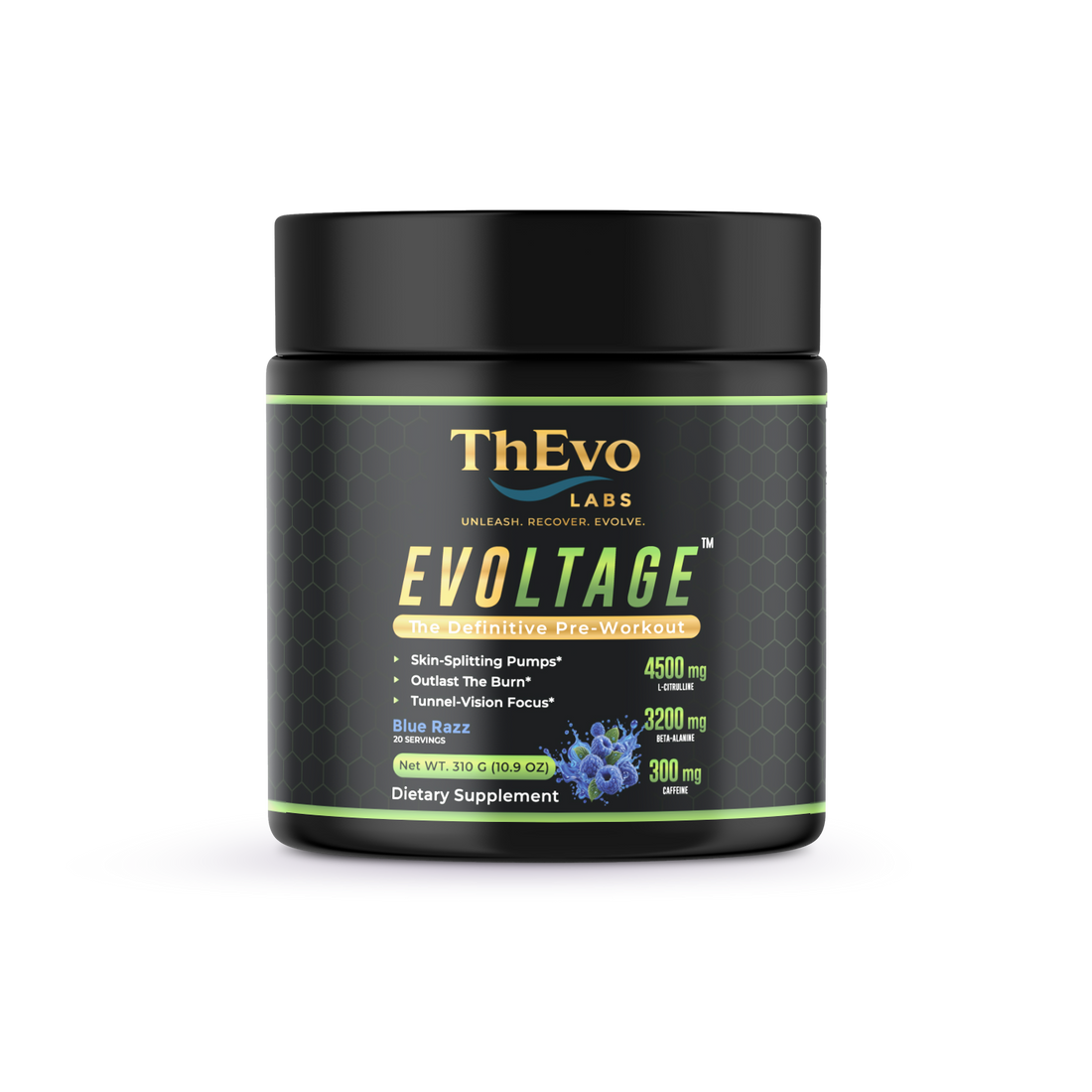 Evoltage Blue Razz pre-workout powder by ThEvo LABS, fully disclosed label with 3,200 mg CarnoSyn beta-alanine