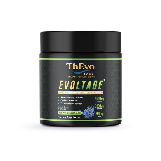 Evoltage Blue Razz pre-workout powder by ThEvo LABS, fully disclosed label with 3,200 mg CarnoSyn beta-alanine