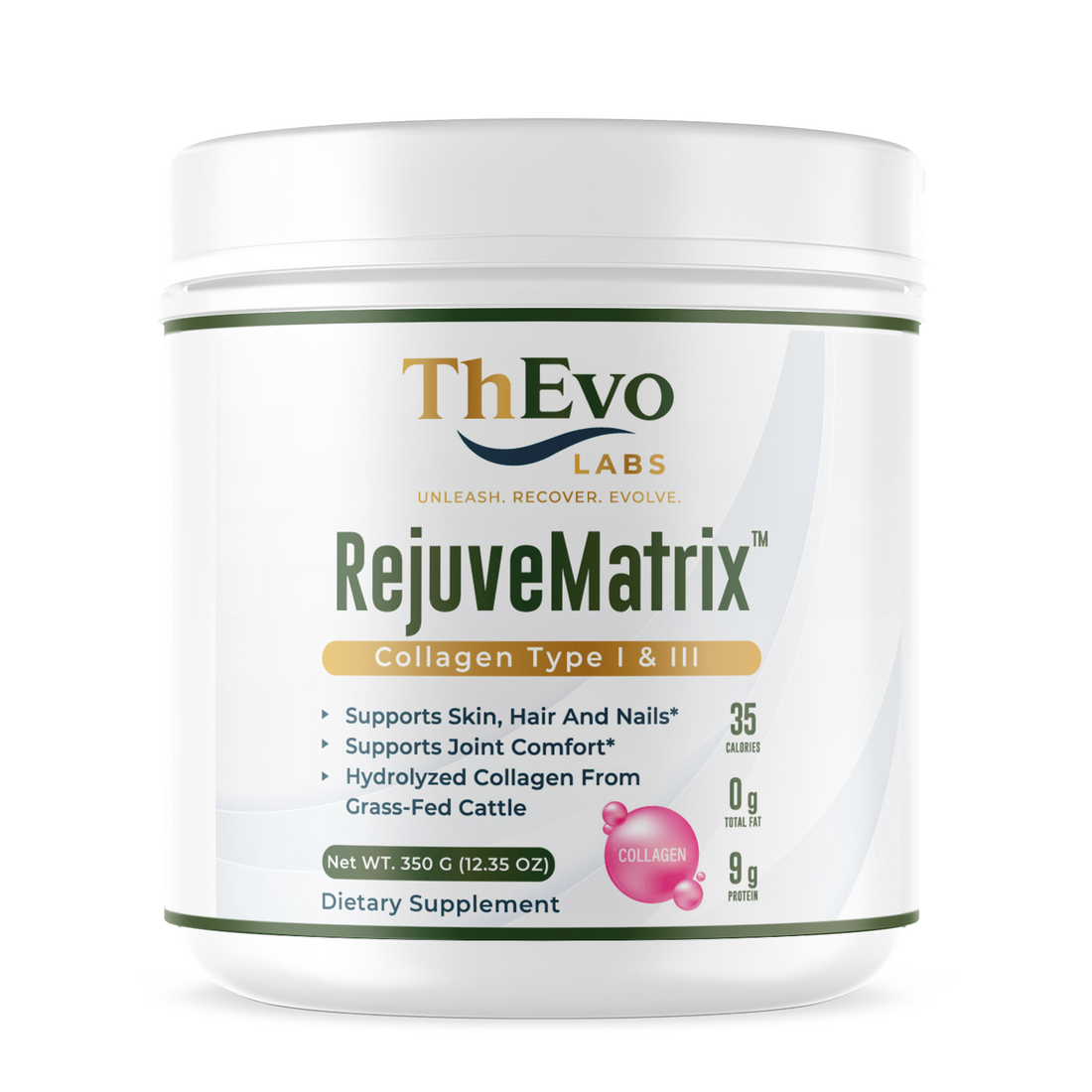 RejuveMatrix grass-fed collagen Type I and III peptides tub by ThEvo LABS