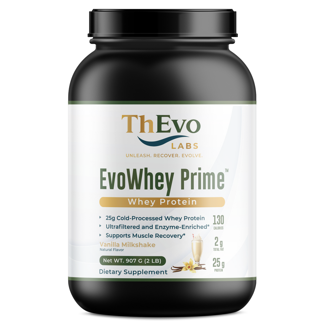 EvoWhey Prime vanilla milkshake whey protein tub by ThEvo LABS, 25 g protein per serving