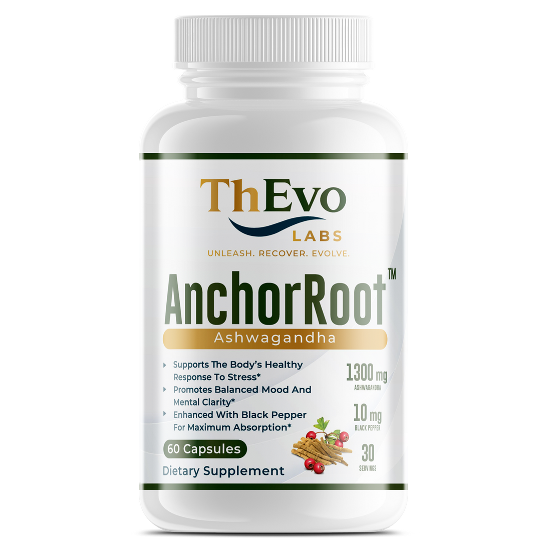 AnchorRoot™ ashwagandha and black pepper supplement, 60 capsules, by ThEvo LABS