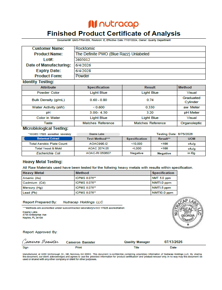 EVOLTAGE Blue Razz — Certificate of Analysis, Lot 2605012, third-party tested, exp. 06/2028