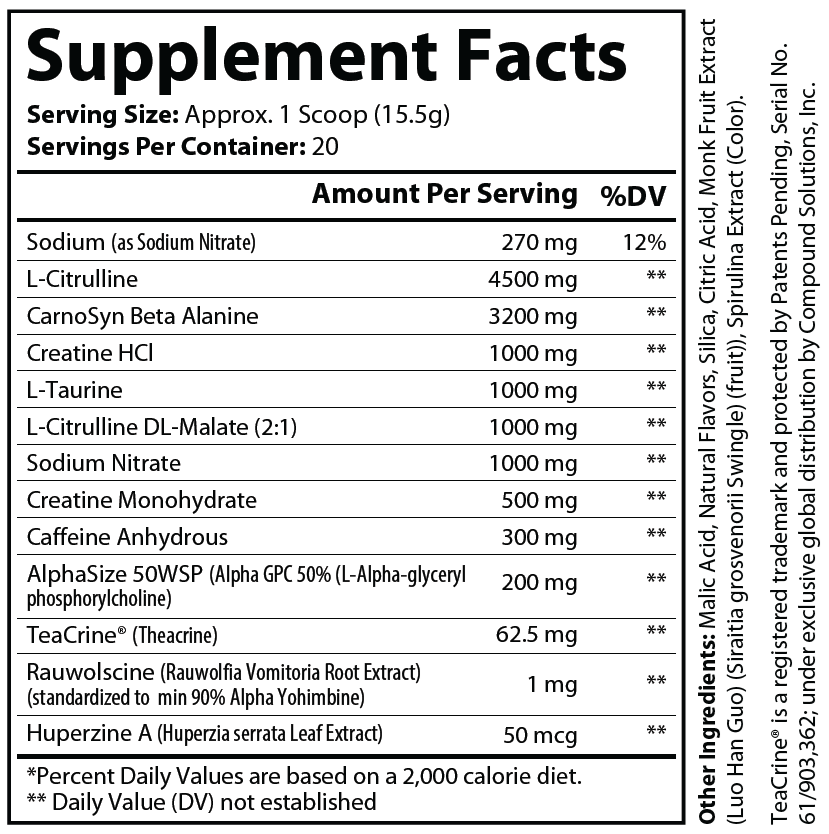 EVOLTAGE Blue Razz Supplement Facts — 4500mg L-Citrulline, 3200mg CarnoSyn Beta Alanine, 300mg Caffeine, 20 servings
