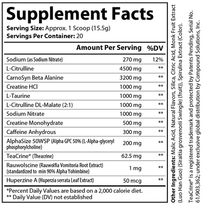 EVOLTAGE Blue Razz Supplement Facts — 4500mg L-Citrulline, 3200mg CarnoSyn Beta Alanine, 300mg Caffeine, 20 servings