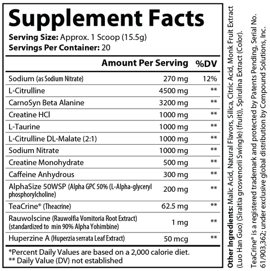 EVOLTAGE Blue Razz Supplement Facts — 4500mg L-Citrulline, 3200mg CarnoSyn Beta Alanine, 300mg Caffeine, 20 servings