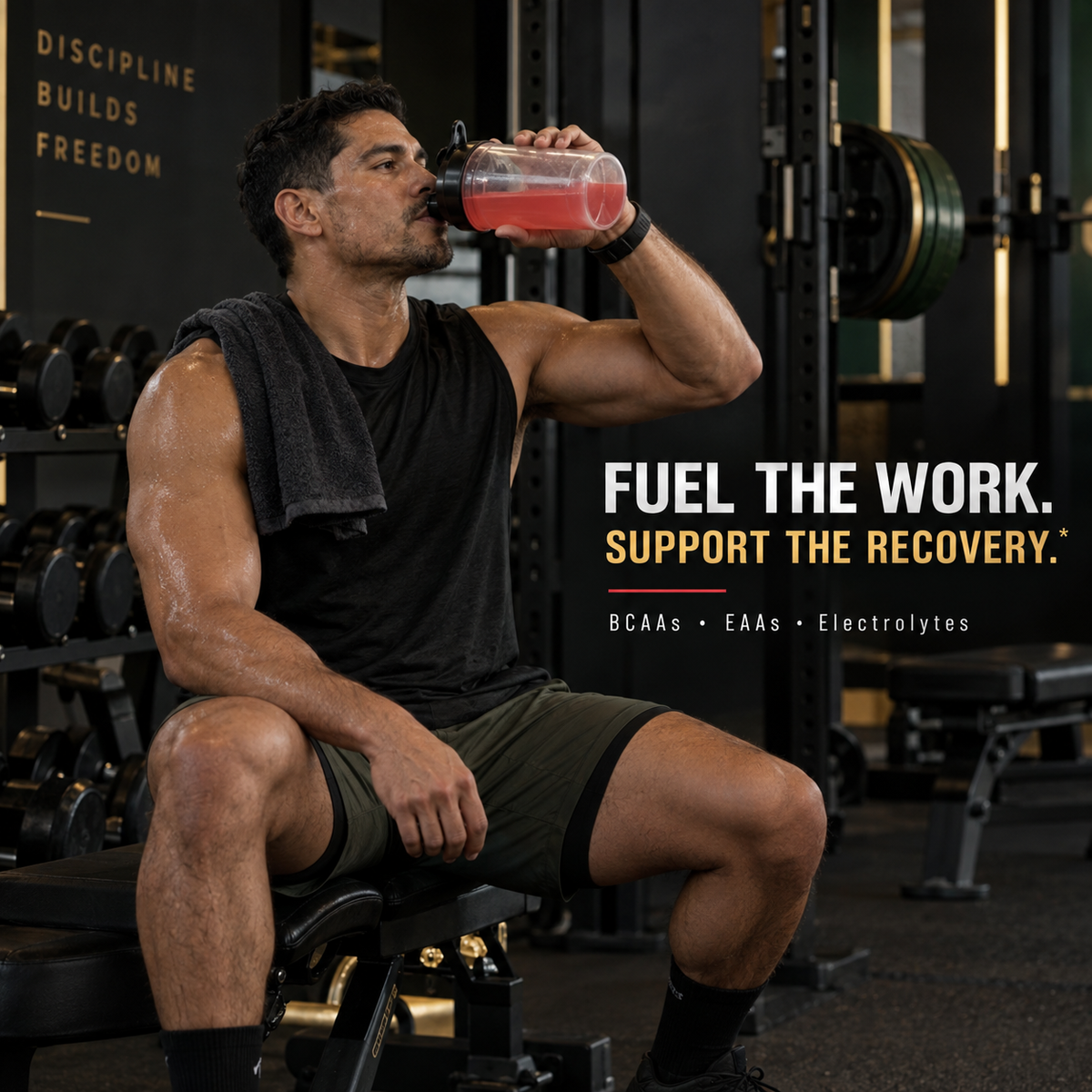 Athlete drinking Amino Thrust during strength training