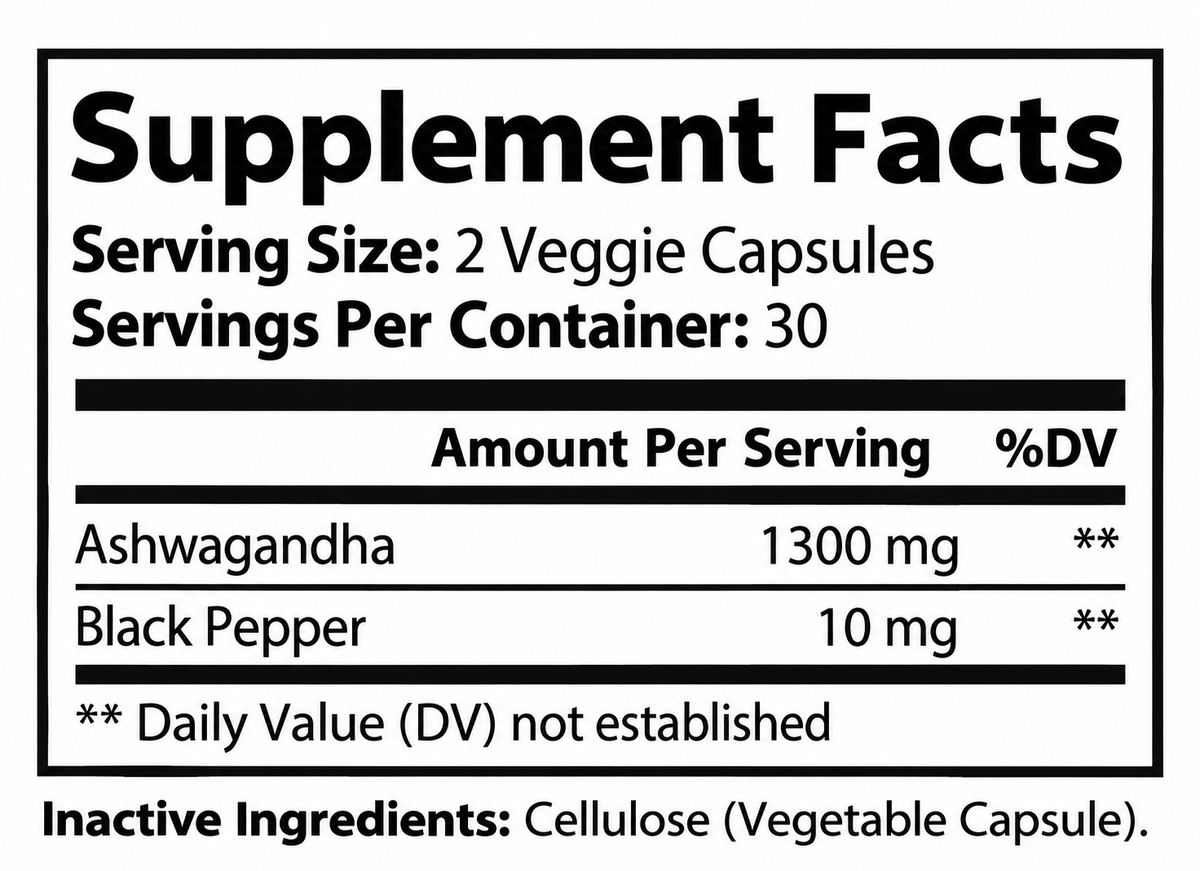 AnchorRoot Supplement Facts: serving size 2 veggie capsules; 30 servings; Ashwagandha 1300 mg and Black Pepper 10 mg. Inactive ingredients: Cellulose (Vegetable Capsule).
