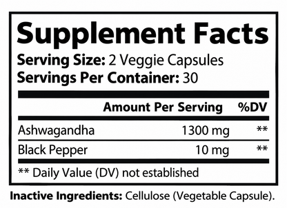 AnchorRoot Supplement Facts: serving size 2 veggie capsules; 30 servings; Ashwagandha 1300 mg and Black Pepper 10 mg. Inactive ingredients: Cellulose (Vegetable Capsule).