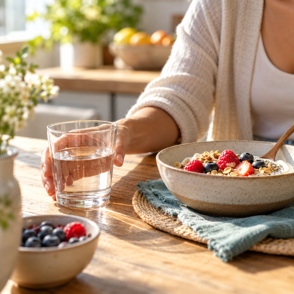 BioAlign 40B daily wellness routine with water and breakfast