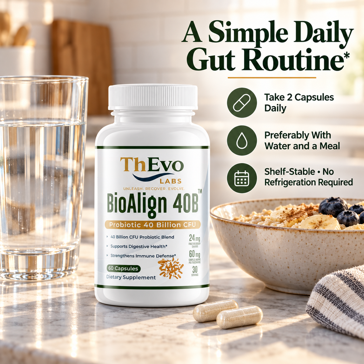 BioAlign 40B daily two-capsule routine with water and a meal