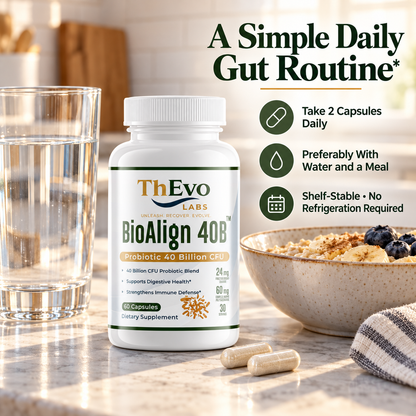 BioAlign 40B daily two-capsule routine with water and a meal