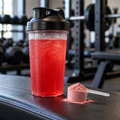 Fruit punch pre-workout drink and scoop beside a gym shaker for BlastSync