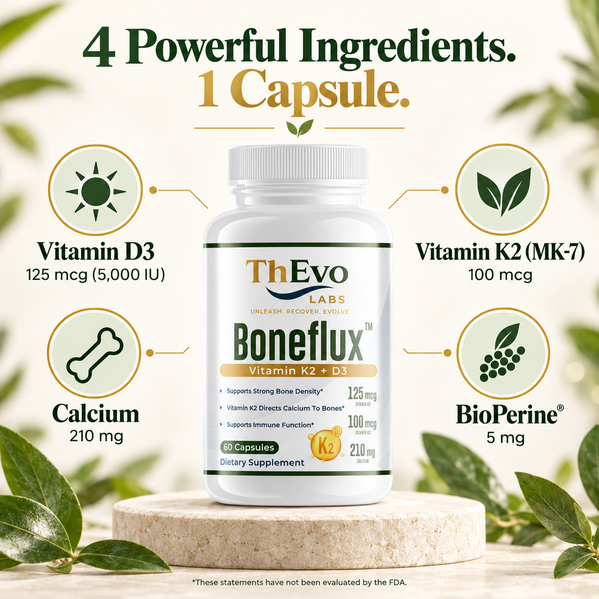 Boneflux ingredients: vitamin D3, vitamin K2 MK-7, calcium and BioPerine
