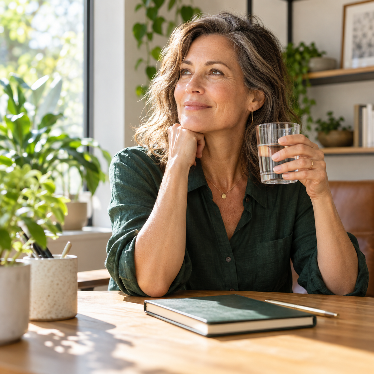 Woman with water at a home office desk during an EvoClarity daily routine