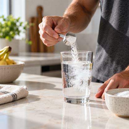 EvoCharge unflavored creatine powder scoop mixed with water at home