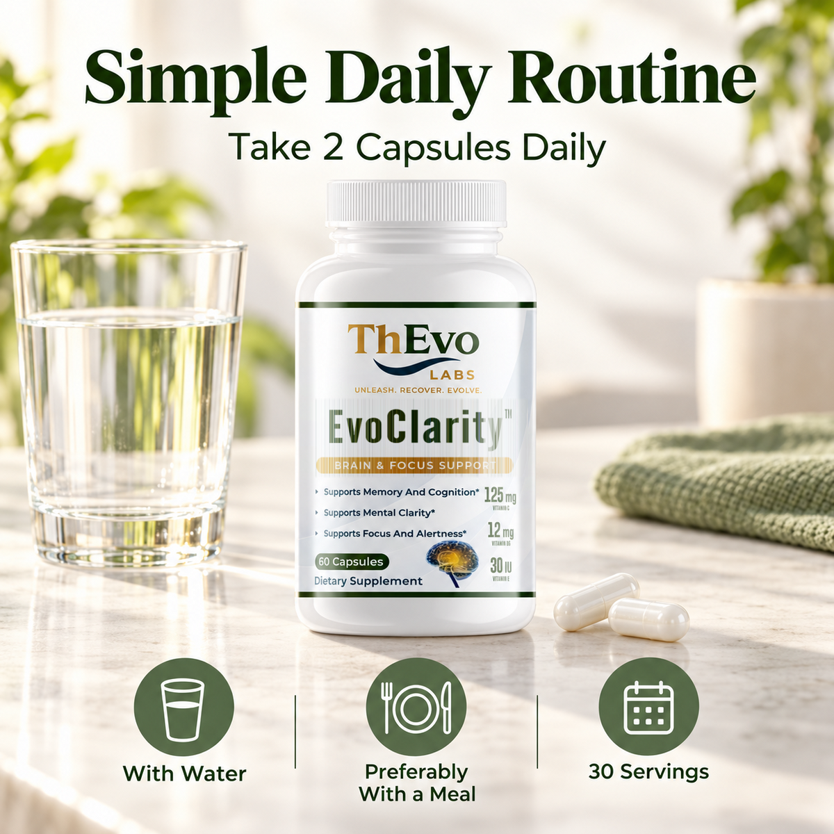 How to use EvoClarity: two capsules daily with water, preferably with a meal