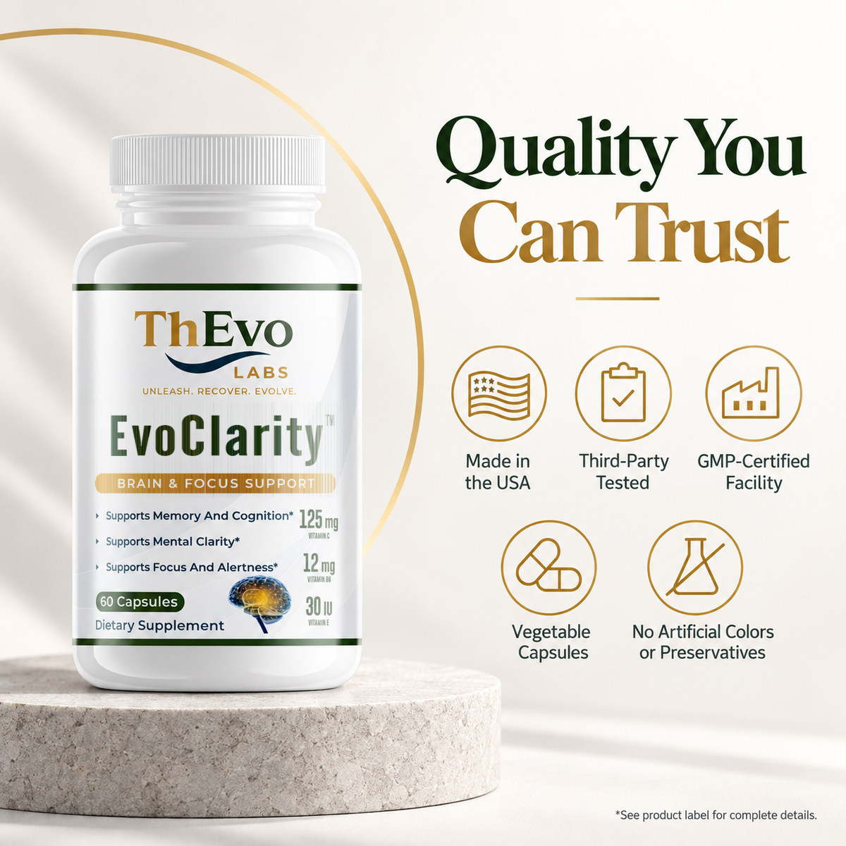 EvoClarity quality features: made in the USA, third-party tested and vegetable capsules