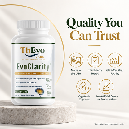 EvoClarity quality features: made in the USA, third-party tested and vegetable capsules