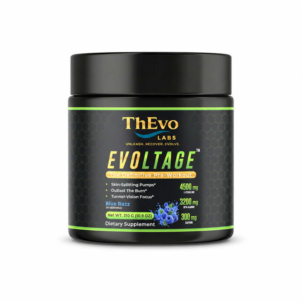 EVOLTAGE Blue Razz pre-workout by ThEvo Labs, 20 servings, front label