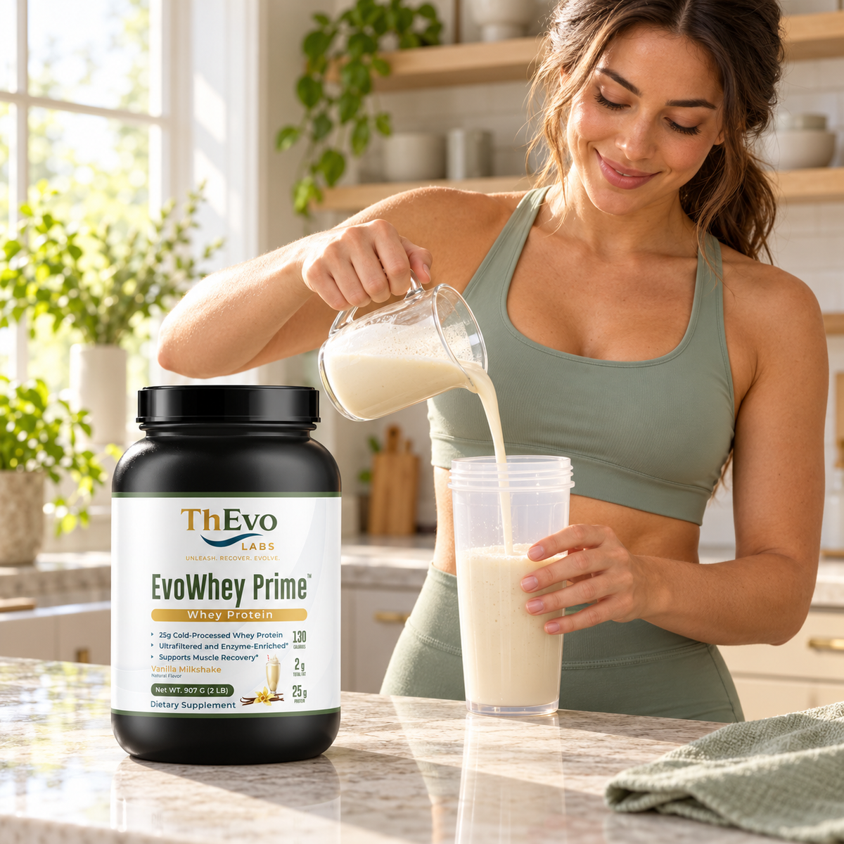 Woman preparing a vanilla protein shake beside EvoWhey Prime in a sunlit kitchen.