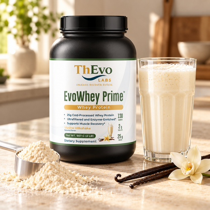 EvoWhey Prime Vanilla Milkshake whey protein with a creamy vanilla shake and scoop of protein powder.