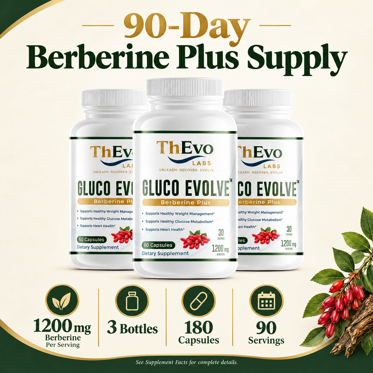 Gluco Evolve Berberine Plus three-bottle 90-day supply with 1200 mg per serving