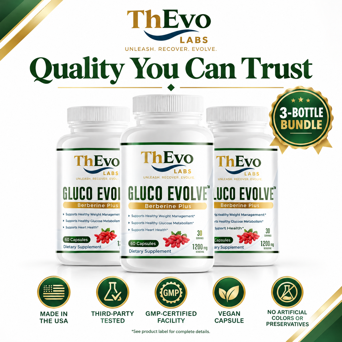 Gluco Evolve Berberine Plus three-bottle bundle quality standards