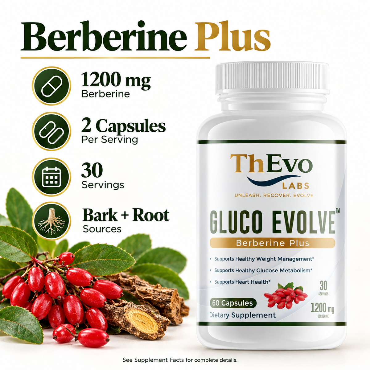 Gluco Evolve Berberine Plus with 1200 mg berberine from bark and root sources