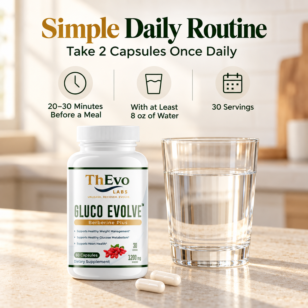 How to use Gluco Evolve: take two capsules once daily before a meal with water