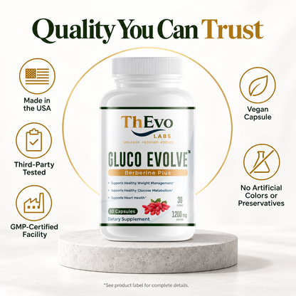 Gluco Evolve quality features: made in the USA, third-party tested, GMP-certified facility and vegan capsules