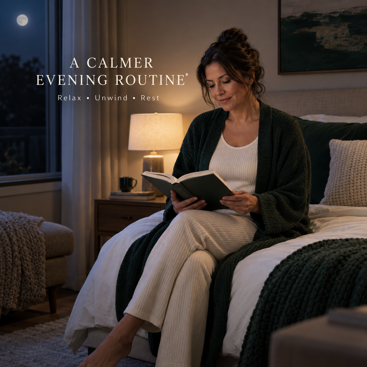 Woman reading during a calm evening wind-down routine