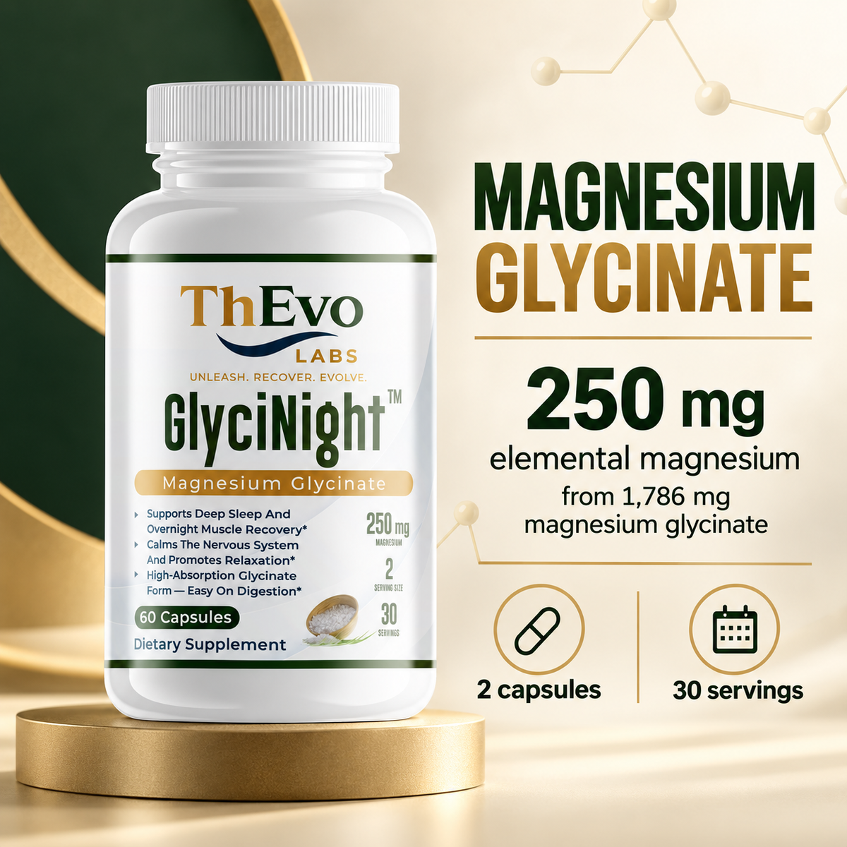 GlyciNight magnesium glycinate formula with 250 mg elemental magnesium