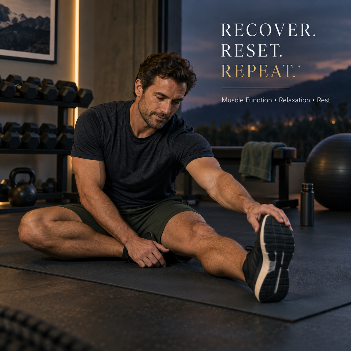 Man stretching after an evening workout