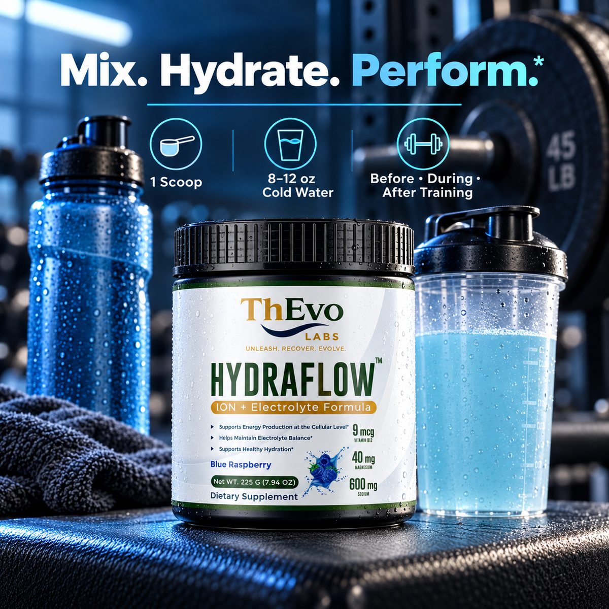 Hydraflow electrolyte drink mix used around a gym training session