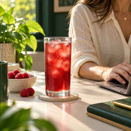 Metabo Tea raspberry iced tea drink with ice during an afternoon desk break