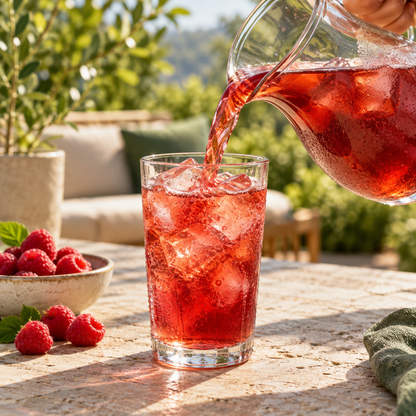 Metabo Tea raspberry iced tea poured into a glass of ice on a patio