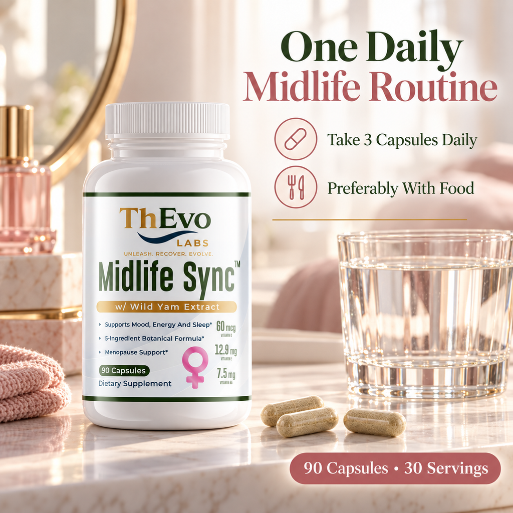 Midlife Sync daily three-capsule routine with food