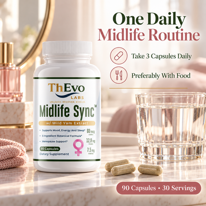 Midlife Sync daily three-capsule routine with food