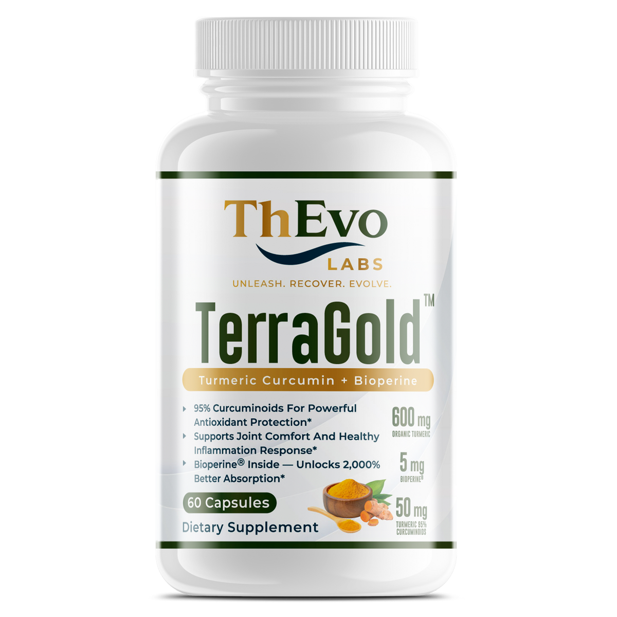 TerraGold turmeric curcumin with BioPerine capsules bottle, 60 capsules, by ThEvo LABS