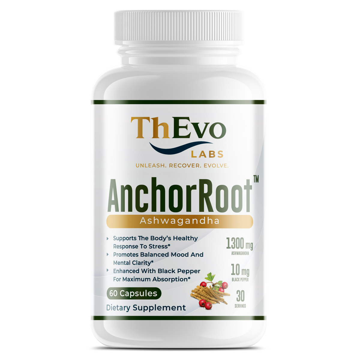 AnchorRoot Ashwagandha 1300mg capsules bottle, 60 capsules, by ThEvo LABS