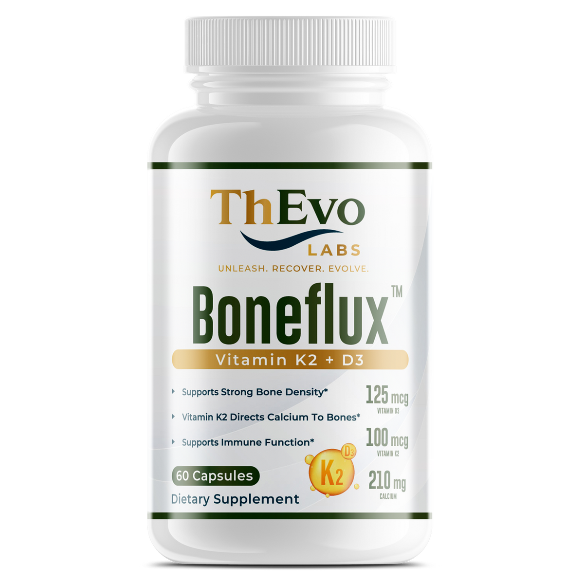 Boneflux Vitamin K2 MK-7 plus D3 and calcium capsules bottle, 60 capsules, by ThEvo LABS