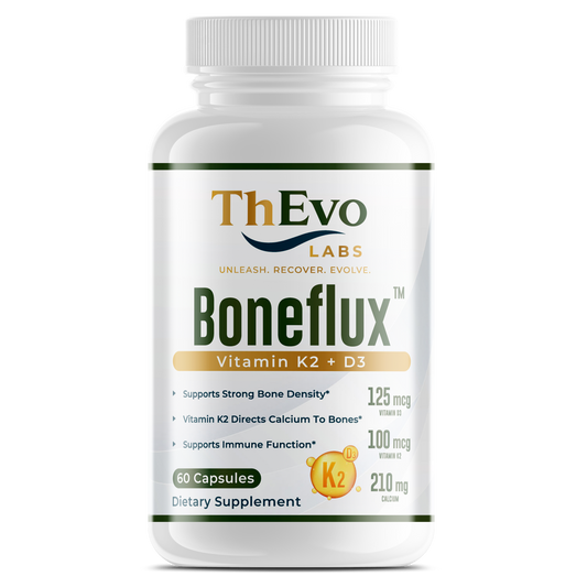 Boneflux Vitamin K2 MK-7 plus D3 and calcium capsules bottle, 60 capsules, by ThEvo LABS