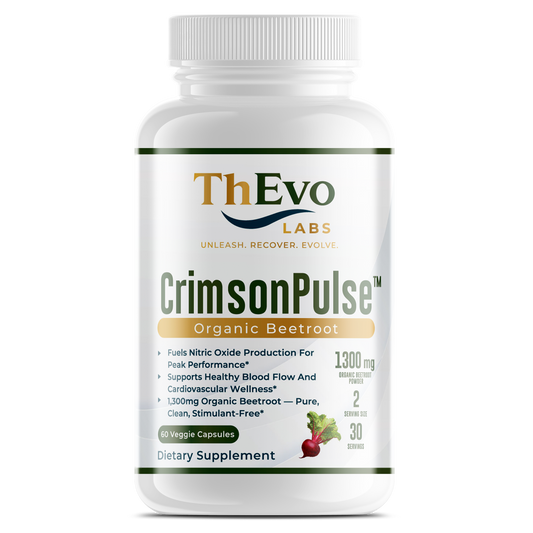 CrimsonPulse organic beetroot capsules bottle, 60 veggie capsules, by ThEvo LABS