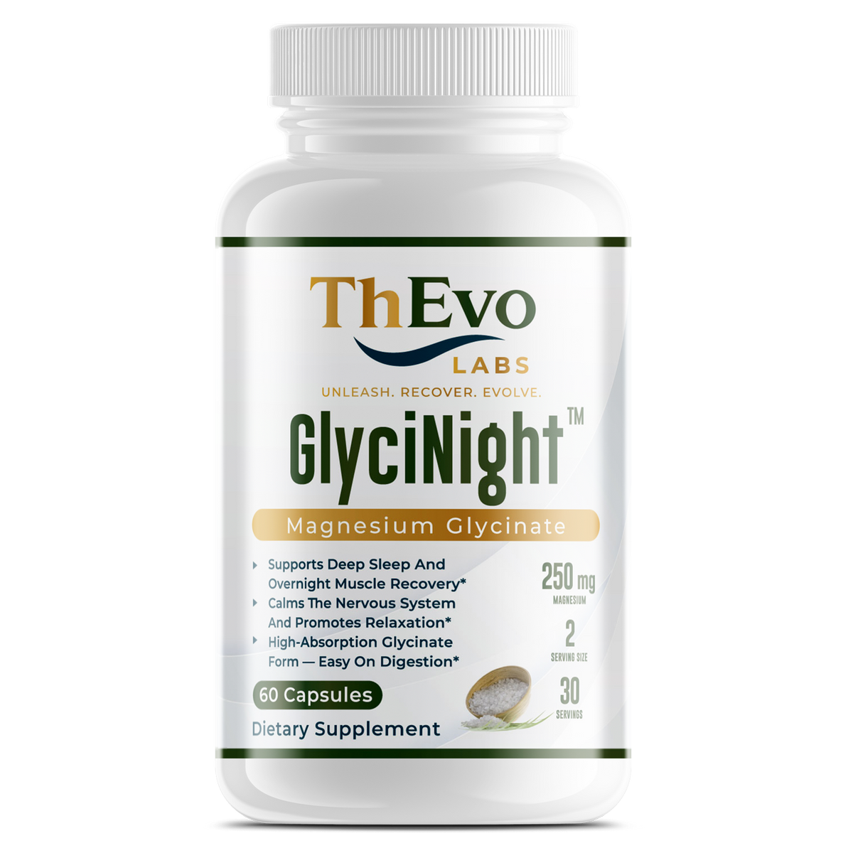 GlyciNight magnesium glycinate capsules bottle, 60 capsules, by ThEvo LABS