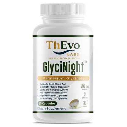 GlyciNight magnesium glycinate capsules bottle, 60 capsules, by ThEvo LABS