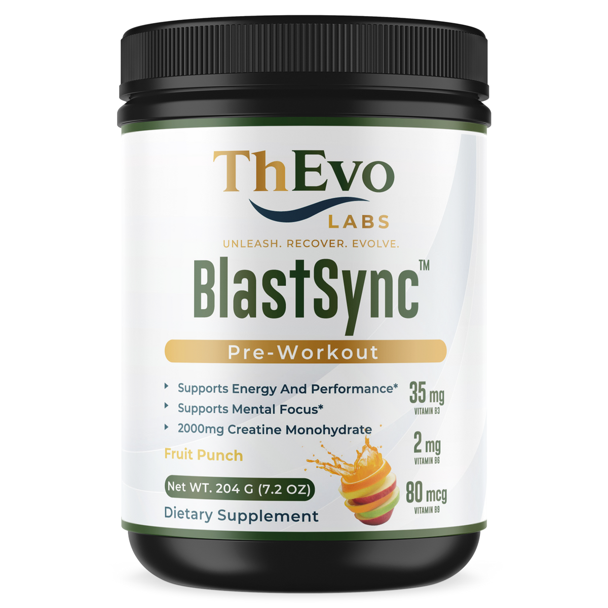 BlastSync Fruit Punch Pre-Workout tub, 30 servings, by ThEvo LABS