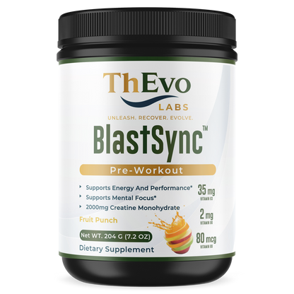 BlastSync Fruit Punch Pre-Workout tub, 30 servings, by ThEvo LABS